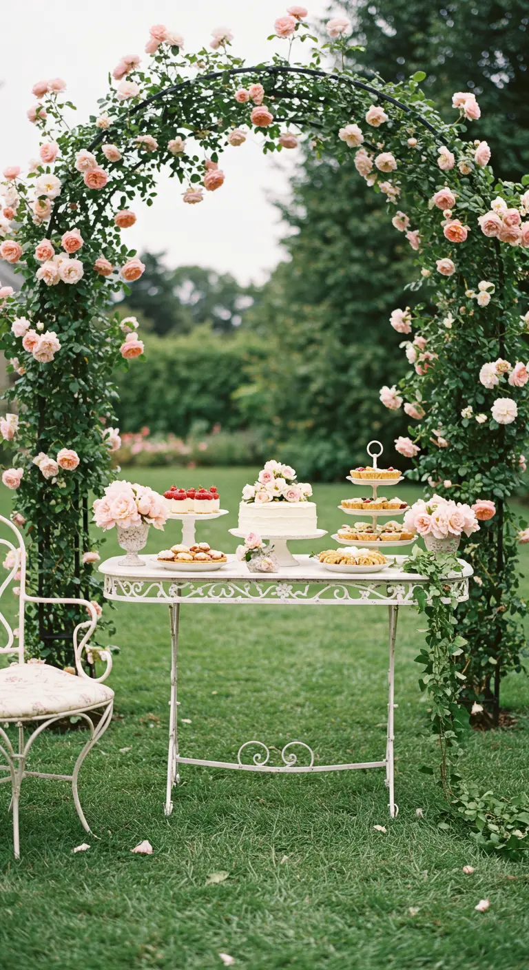 Mesa de postres de hierro forjado bajo un arco de rosas en un jardín verde.