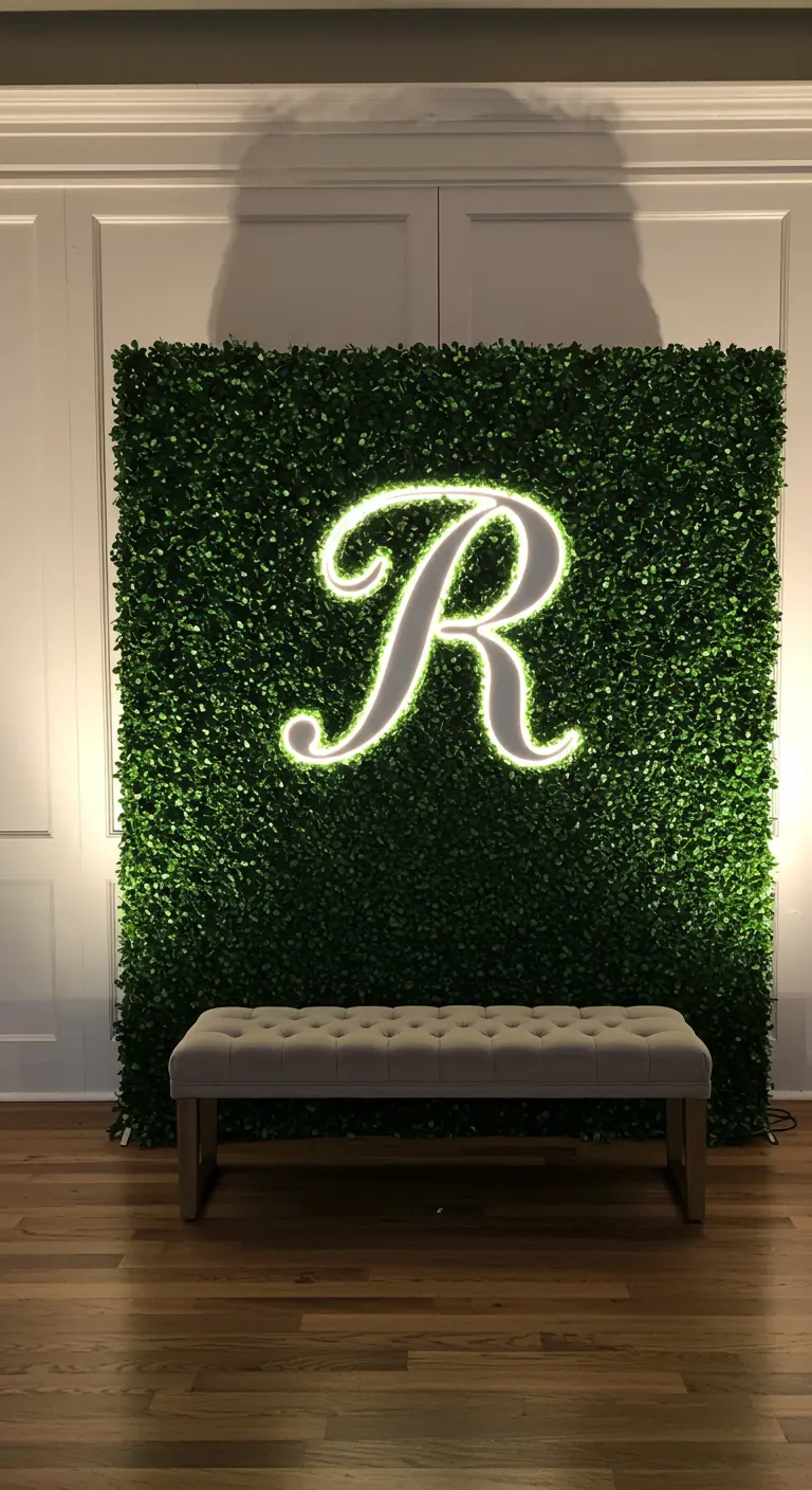 Letra 'R' de neón blanco sobre una pared verde de hojas artificiales, con un banco delante.