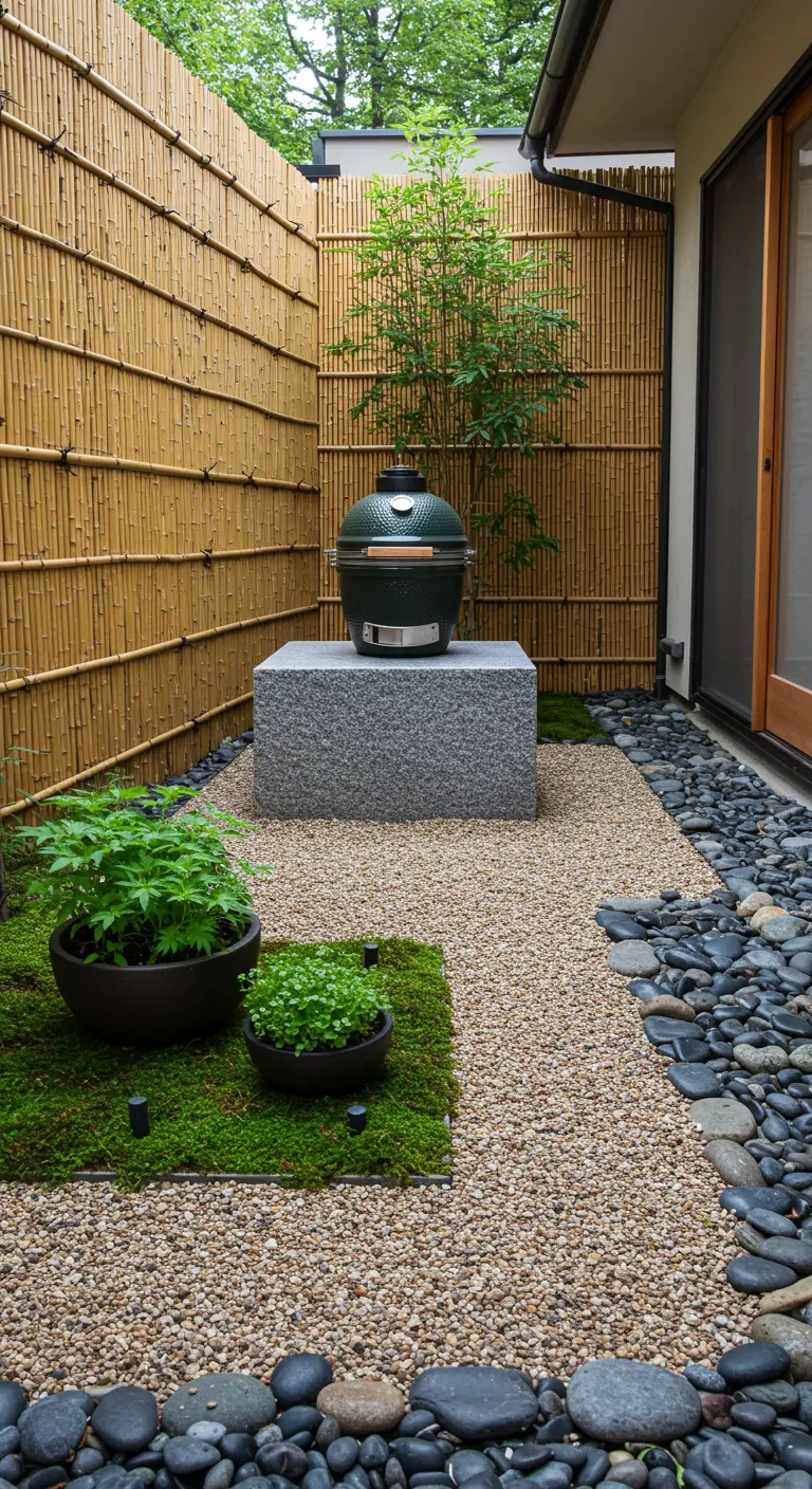 Pequeño patio de estilo japonés con valla de bambú, grava, musgo y una parrilla kamado.