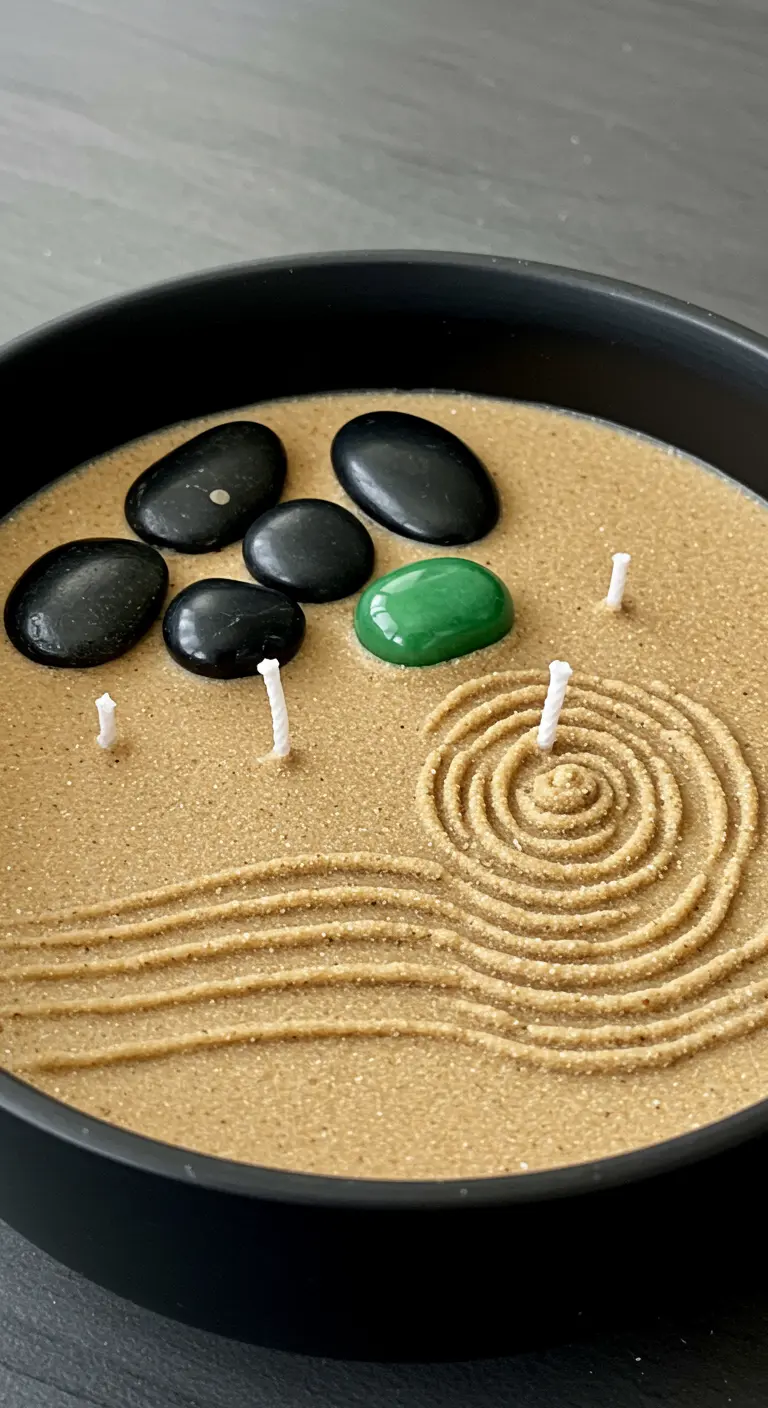 Vela tipo jardín zen con arena rastrillada, piedras negras y una piedra verde.
