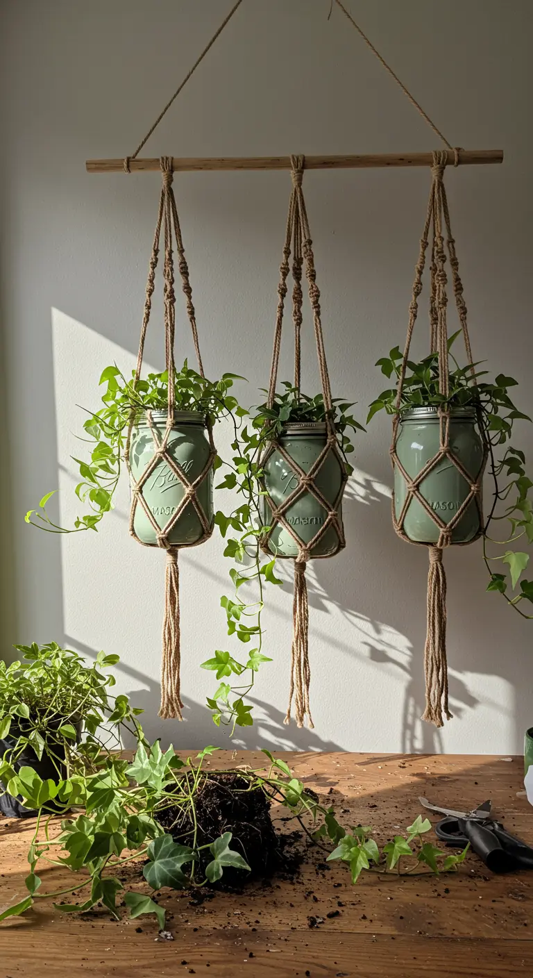 Frascos de color verde salvia con plantas de hiedra, suspendidos en soportes de macramé hechos a mano.