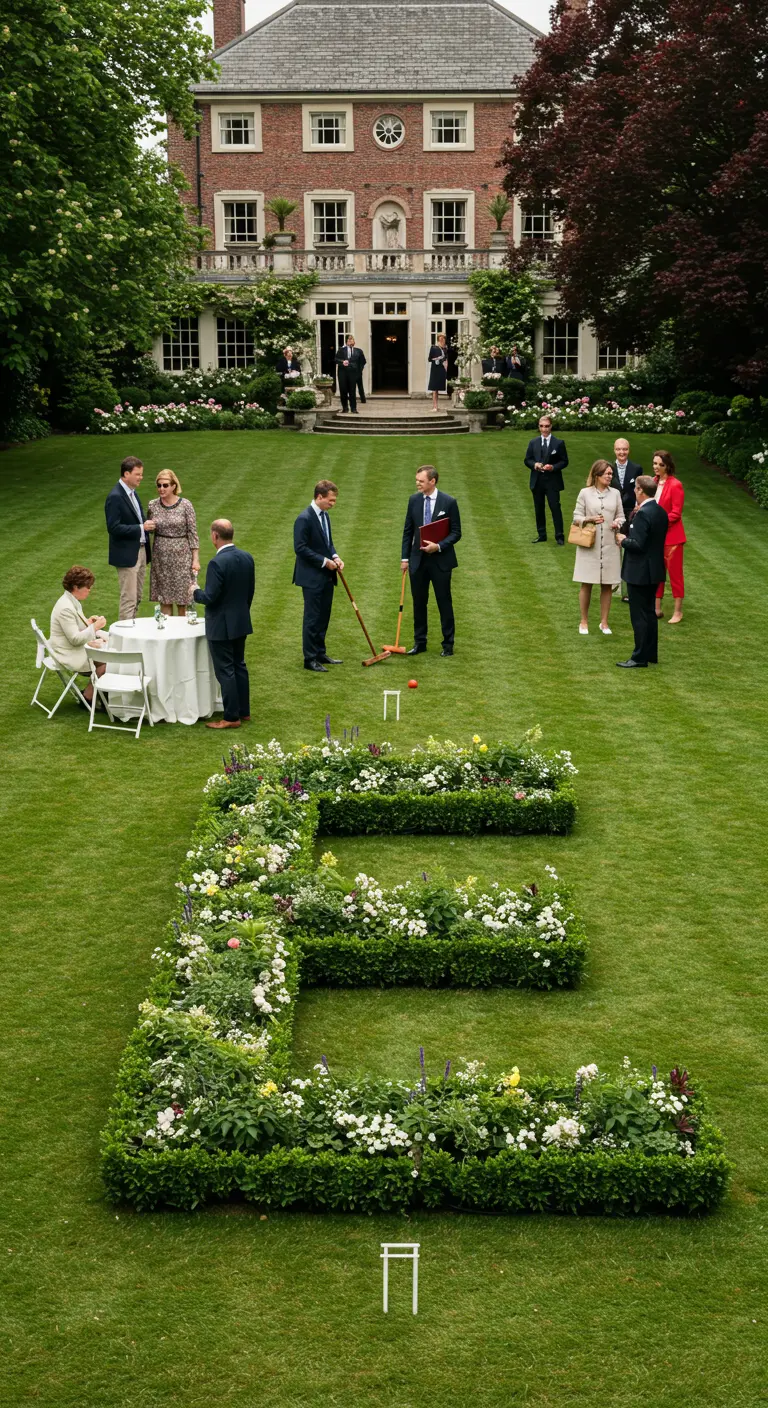 Letra 'E' gigante formada por un seto bajo y flores en el césped de un jardín señorial.
