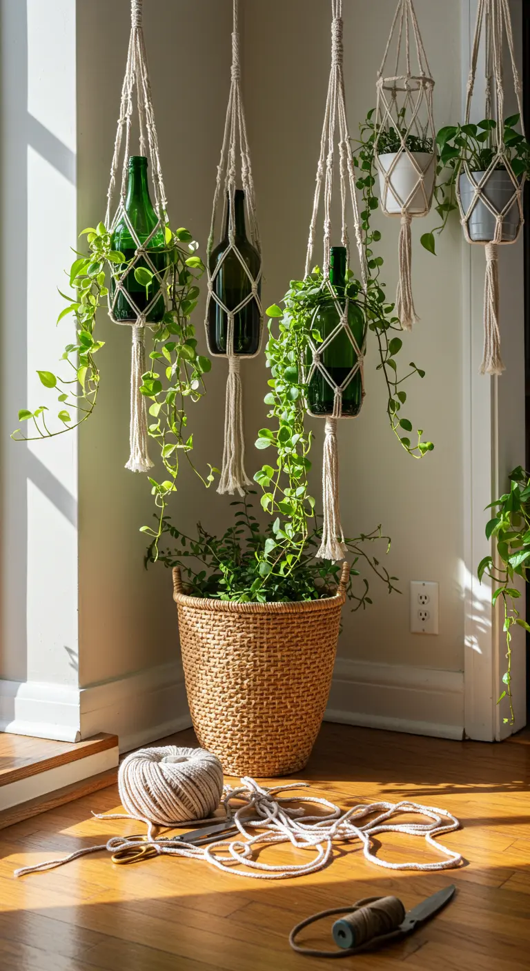 Botellas de vino utilizadas como maceteros colgantes con soportes de macramé hechos a mano.