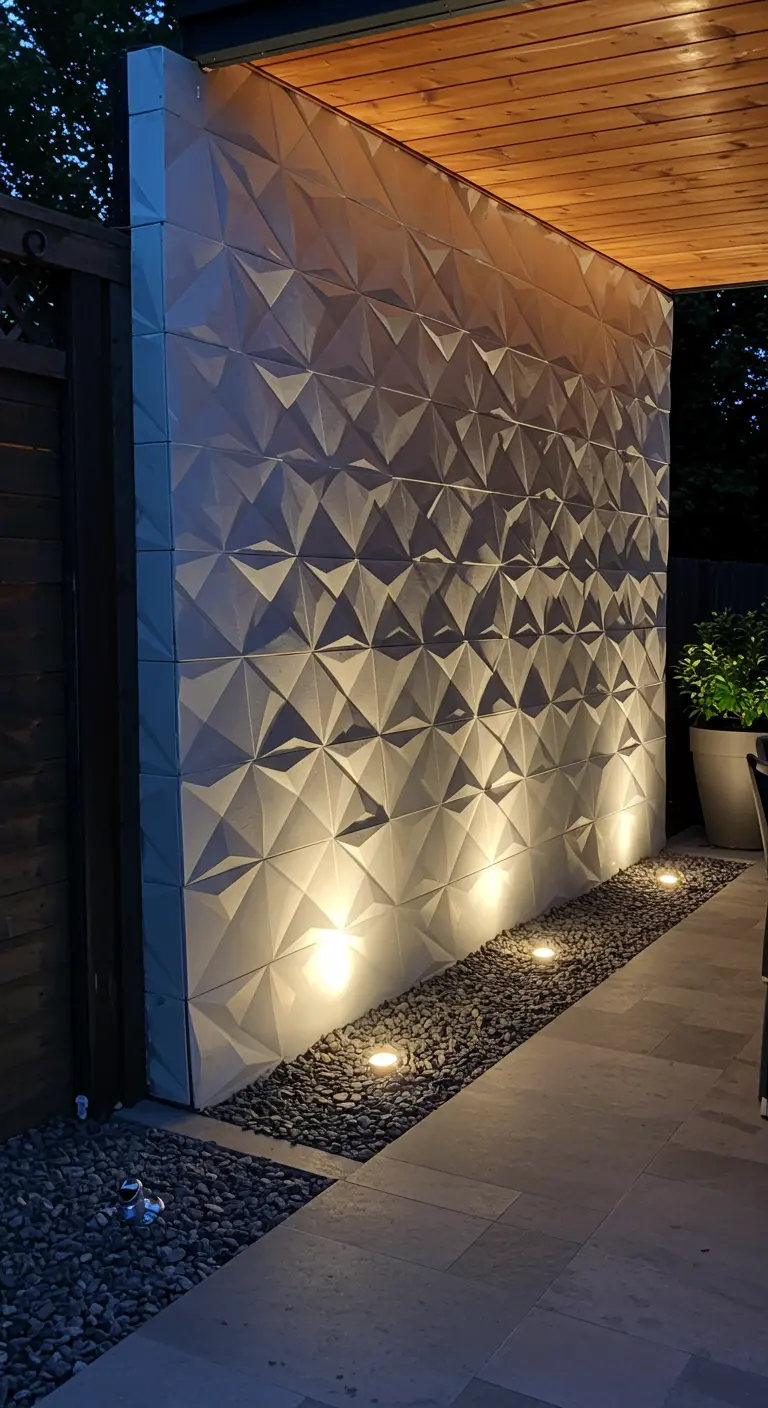 Pared exterior con paneles decorativos en 3D de color blanco, iluminada desde una franja de grava por varios focos de suelo