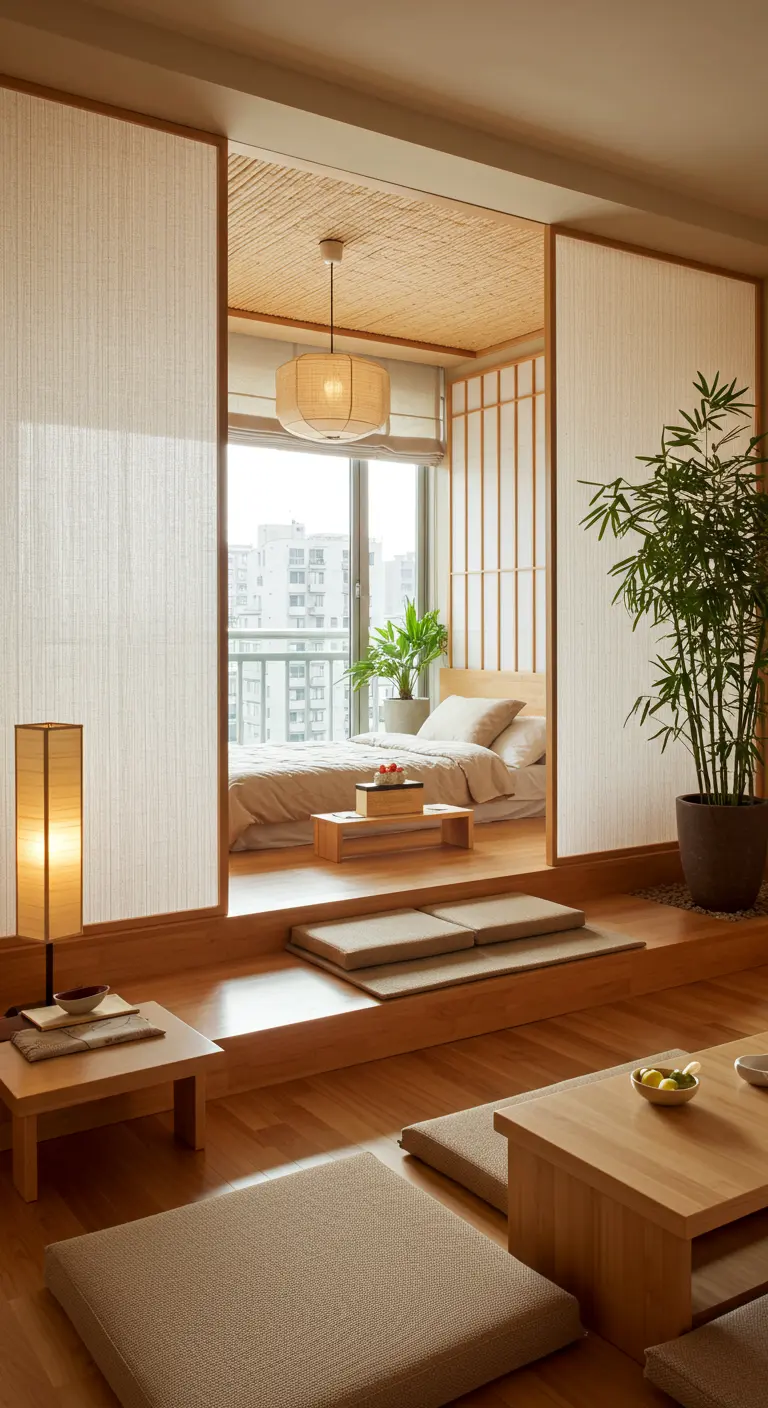 Sala de estar japonesa de varios niveles con tatami, dormitorio elevado y planta de bambú.