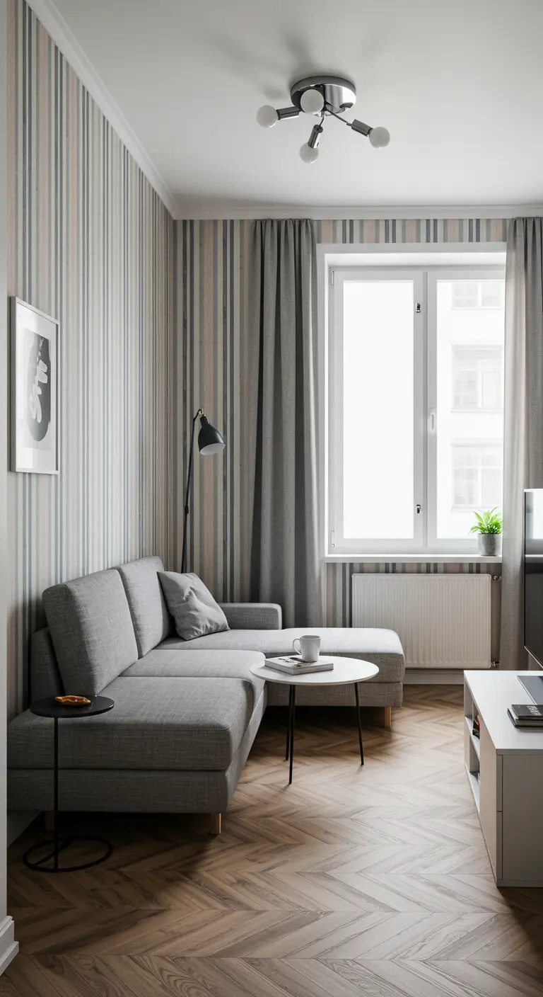 Salón con sofá gris, papel pintado a rayas verticales y suelo de parquet en espiga.