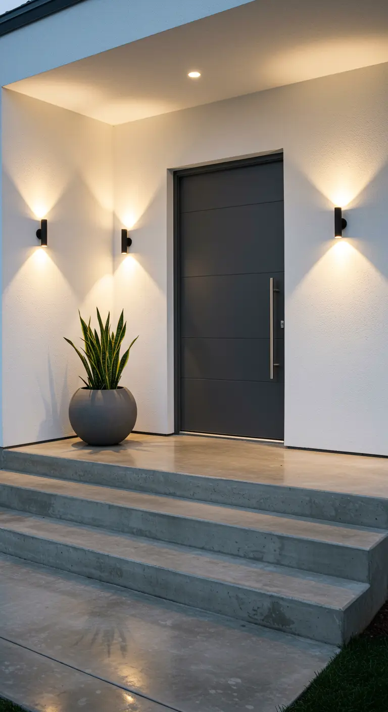 Entrada minimalista con escalones de hormigón, apliques de luz simétricos y una gran maceta gris