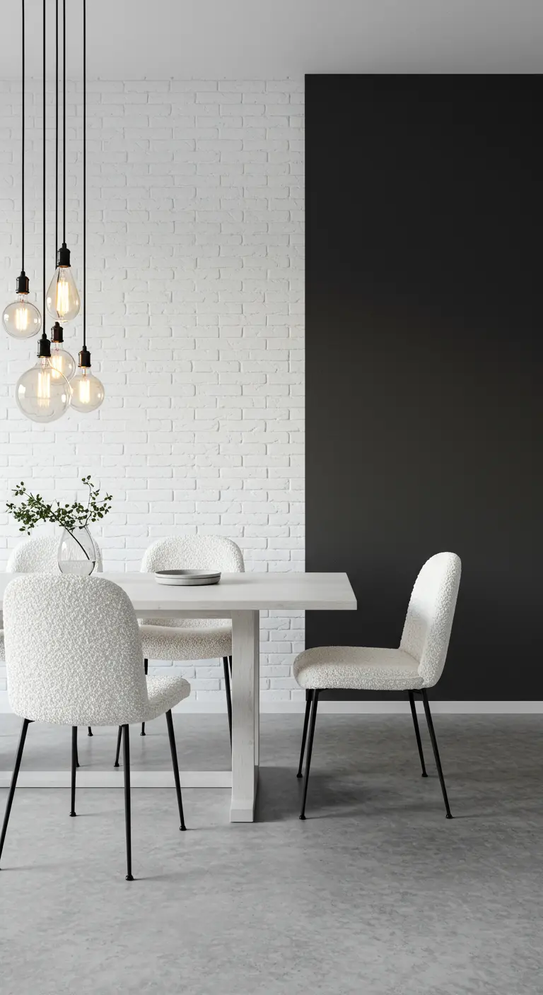 Comedor con pared de ladrillo blanco, pared de acento negra y sillas tapizadas en bouclé blanco.