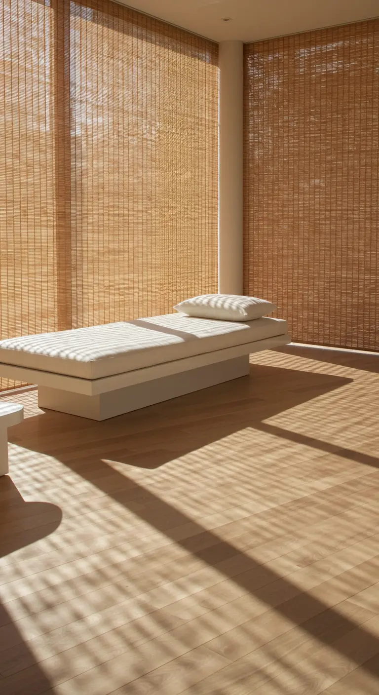 Espacio de relajación con una cama de día blanca y persianas de bambú que proyectan sombras.