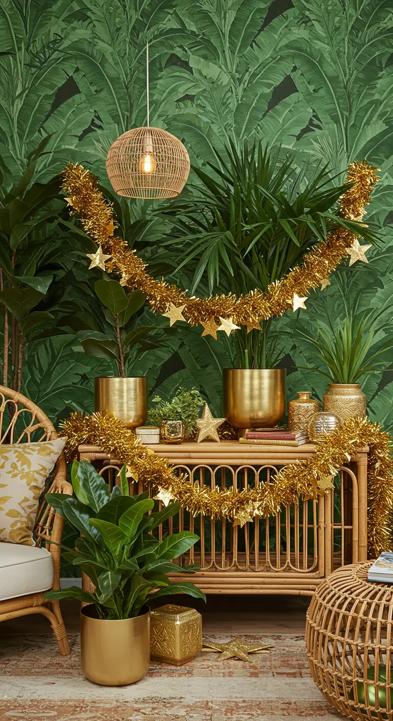 Rincón tropical con plantas y muebles de ratán decorados con espumillón dorado.