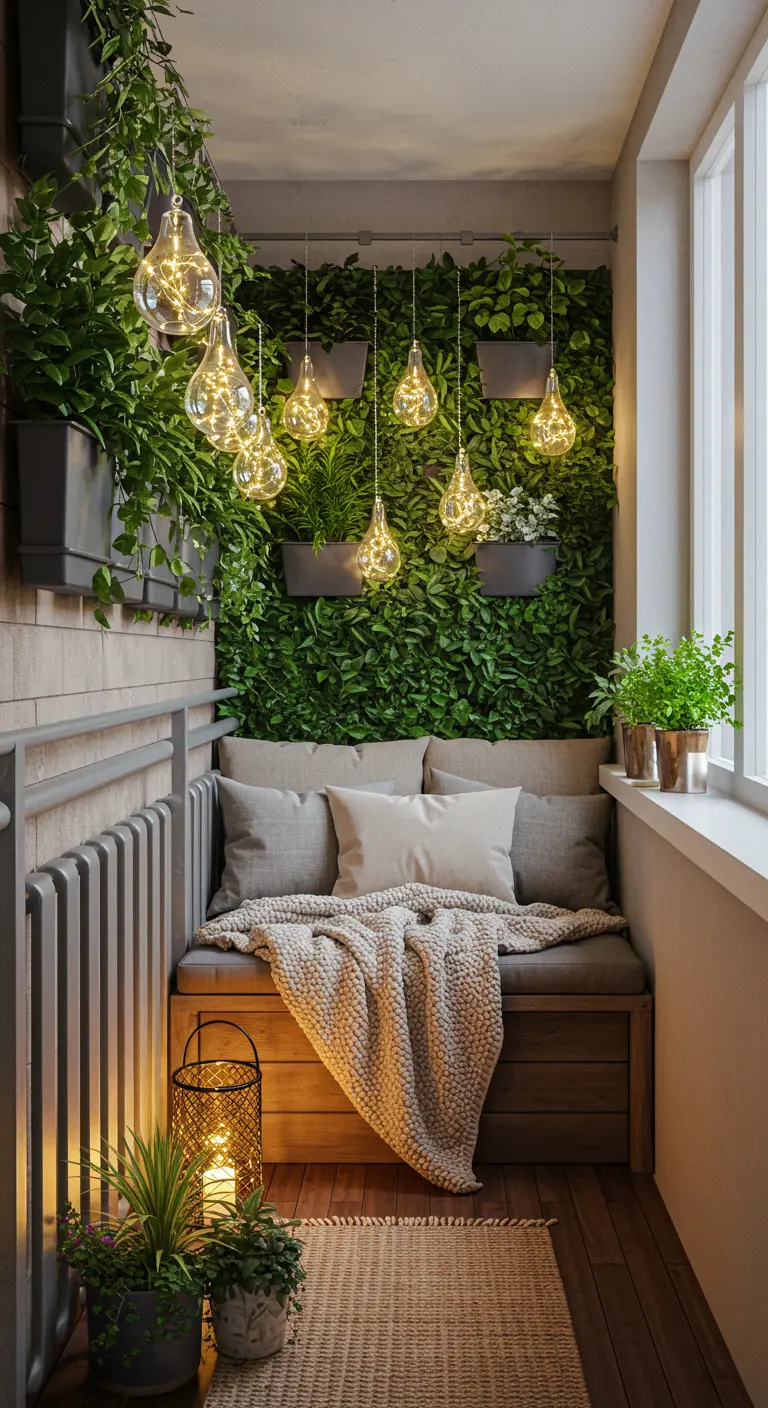Balcón estrecho con un jardín vertical, un banco de madera con cojines y manta, y luces colgantes.