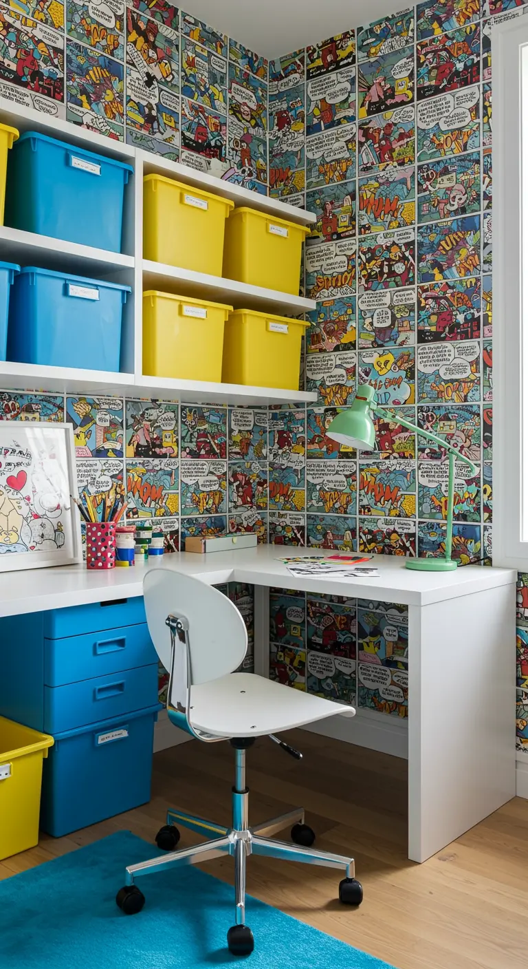Rincón de estudio infantil con paredes empapeladas con viñetas de cómic y cajas de colores.