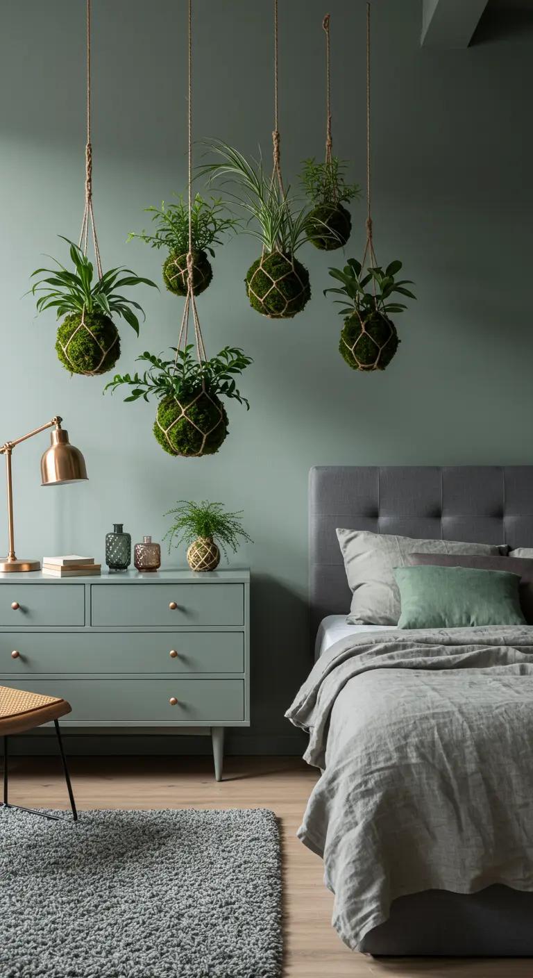 Grupo de kokedamas (bolas de musgo con plantas) colgando a diferentes alturas en un dormitorio moderno.