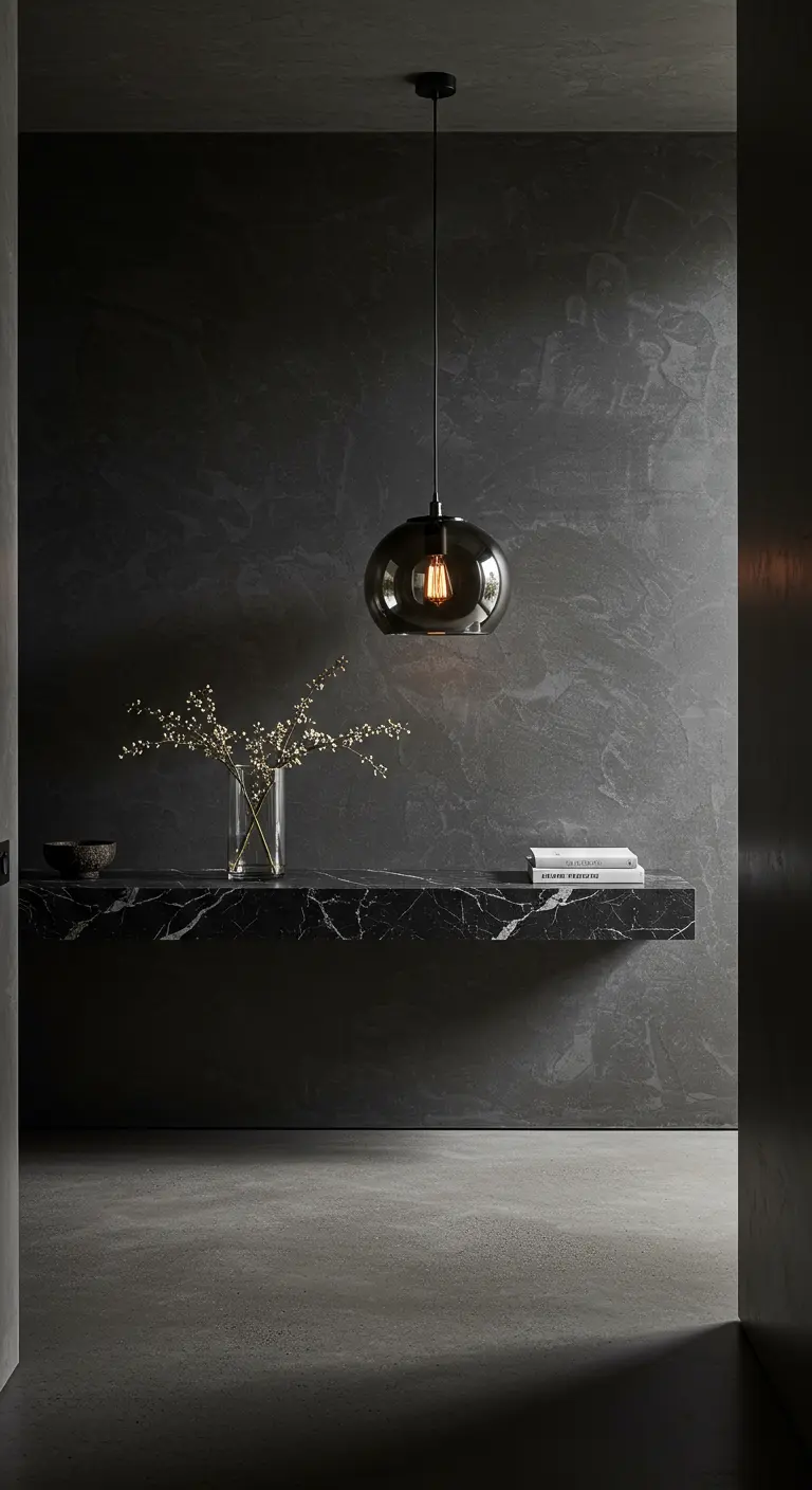 Entrada minimalista con pared de microcemento gris y balda flotante de mármol negro.