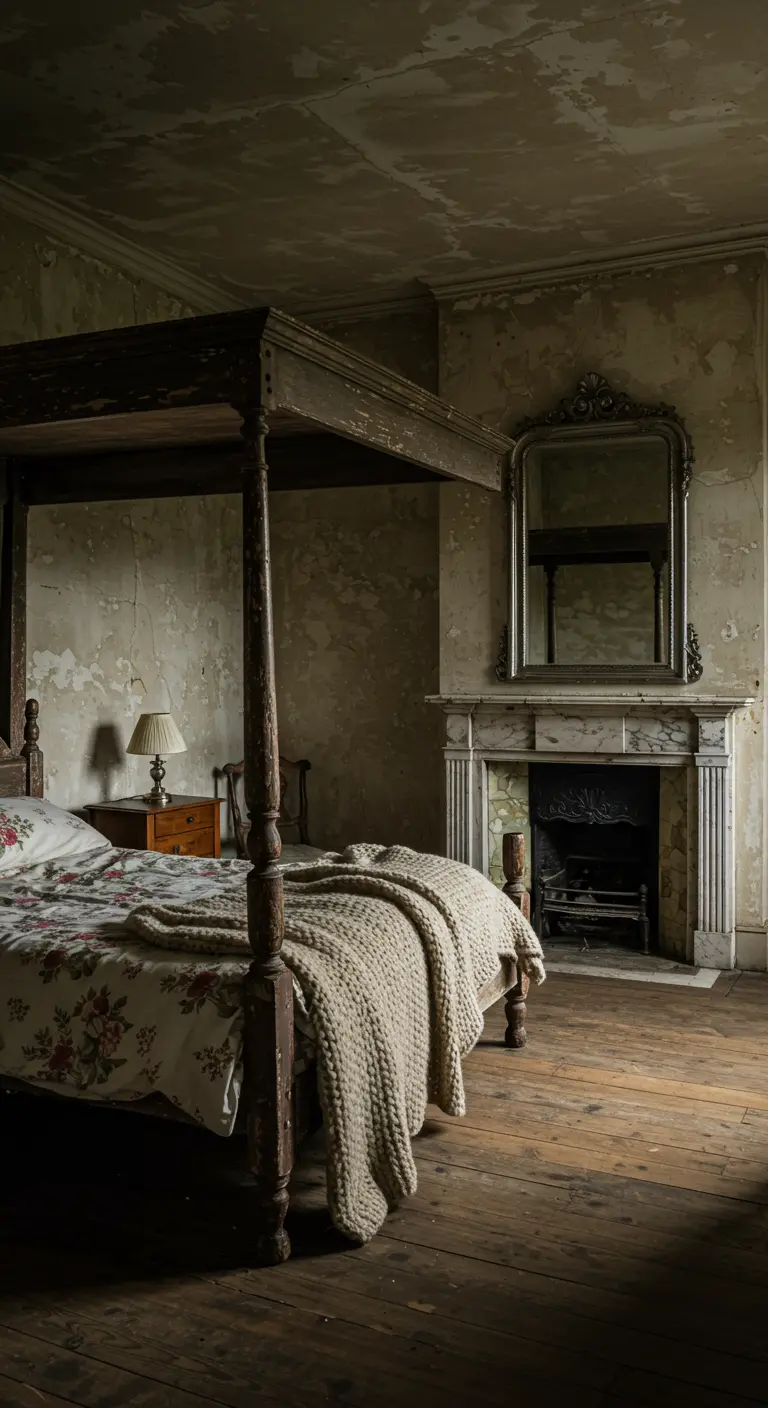 Dormitorio con paredes desgastadas, una cama con dosel de madera envejecida y una chimenea antigua
