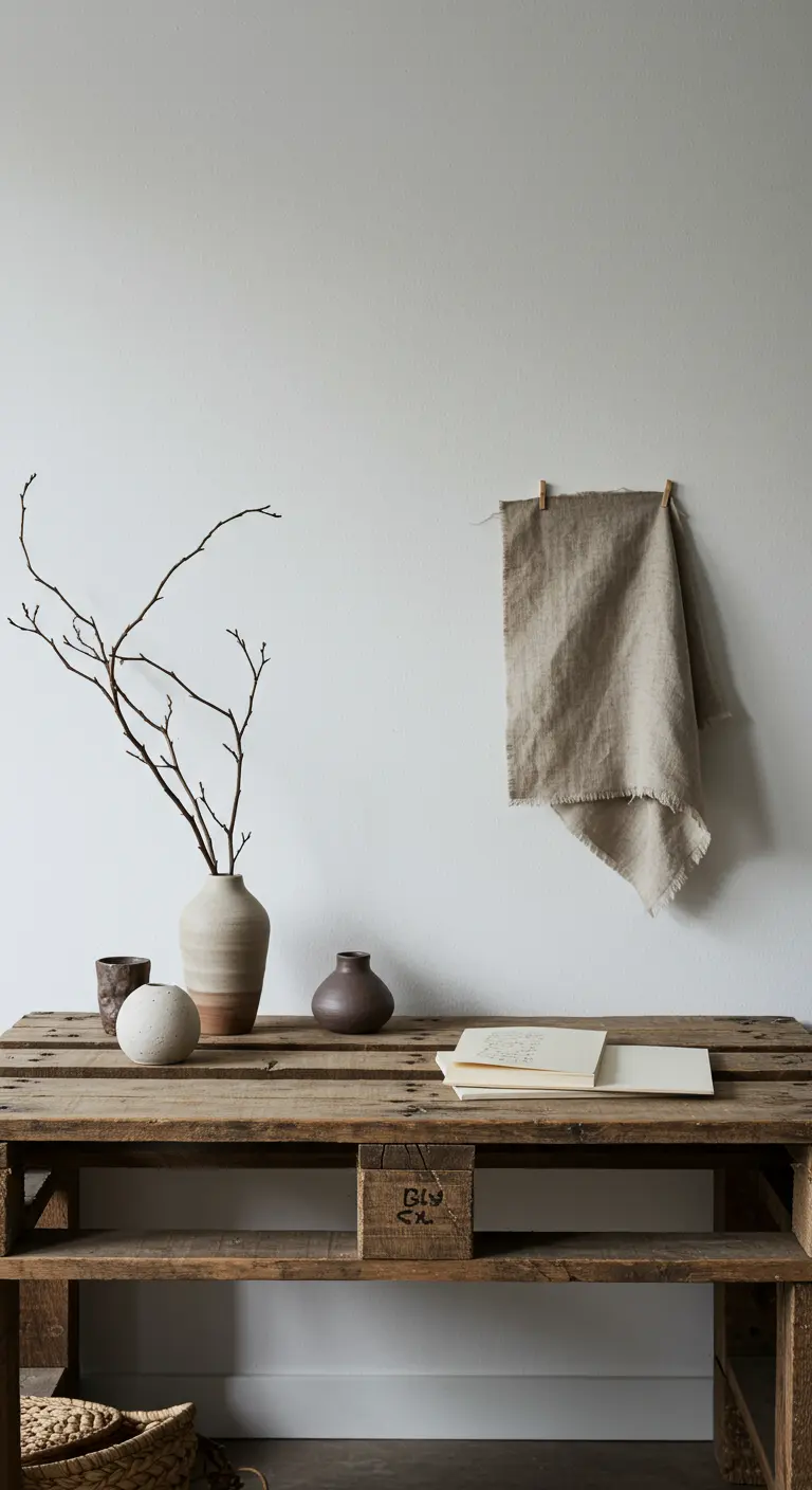Mesa de palet de estilo wabi-sabi con cerámica artesanal y una rama seca en un jarrón.