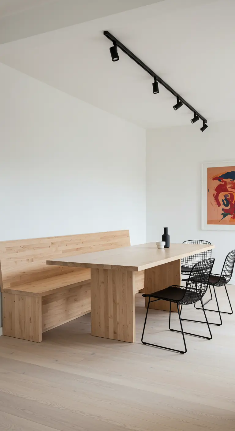Conjunto de banco y mesa de madera maciza clara con sillas de rejilla negra
