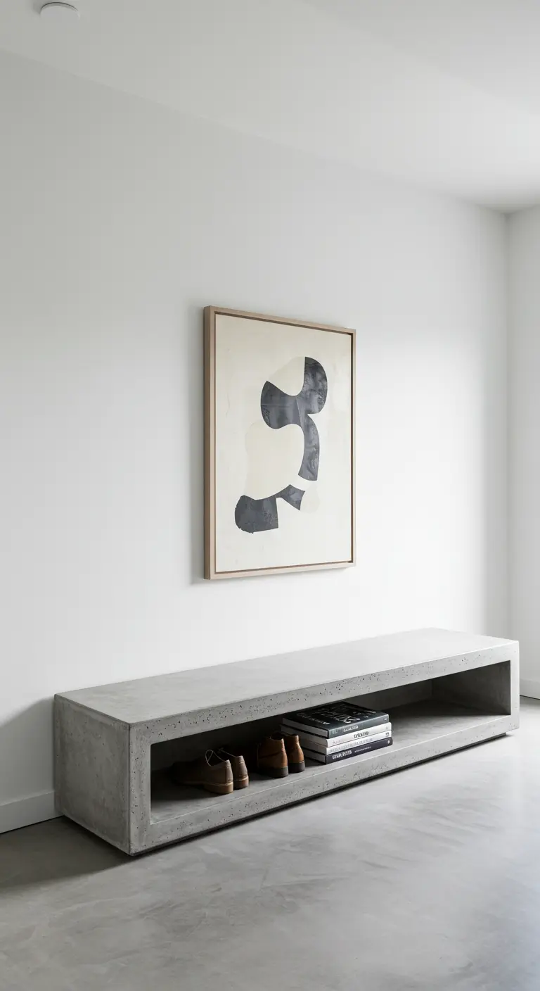 Banco largo y bajo de hormigón en una entrada minimalista con una obra de arte abstracto.