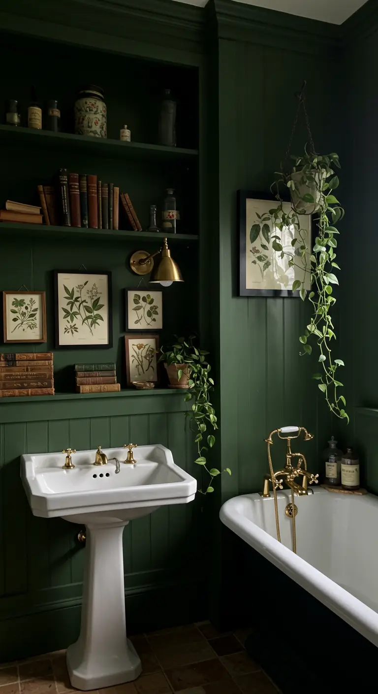 Baño oscuro y elegante con paredes verdes y estanterías llenas de libros.