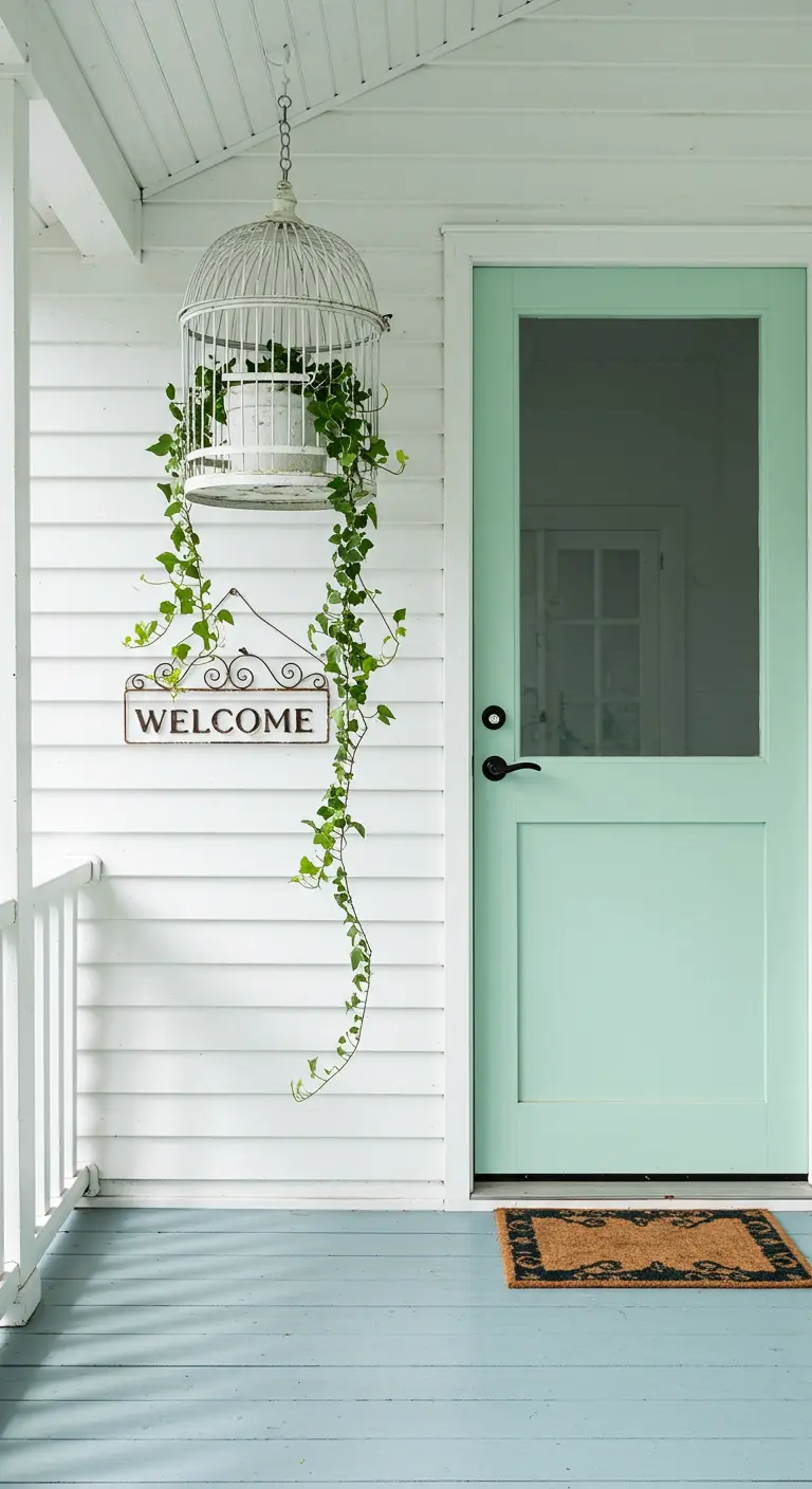 Jaula blanca colgante con una planta trepadora junto a una puerta verde menta y un cartel de bienvenida.