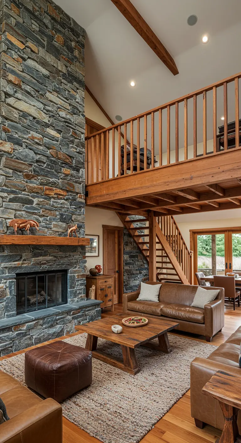 Salón estilo cabaña con chimenea de piedra de doble altura, altillo de madera y sofás de cuero.