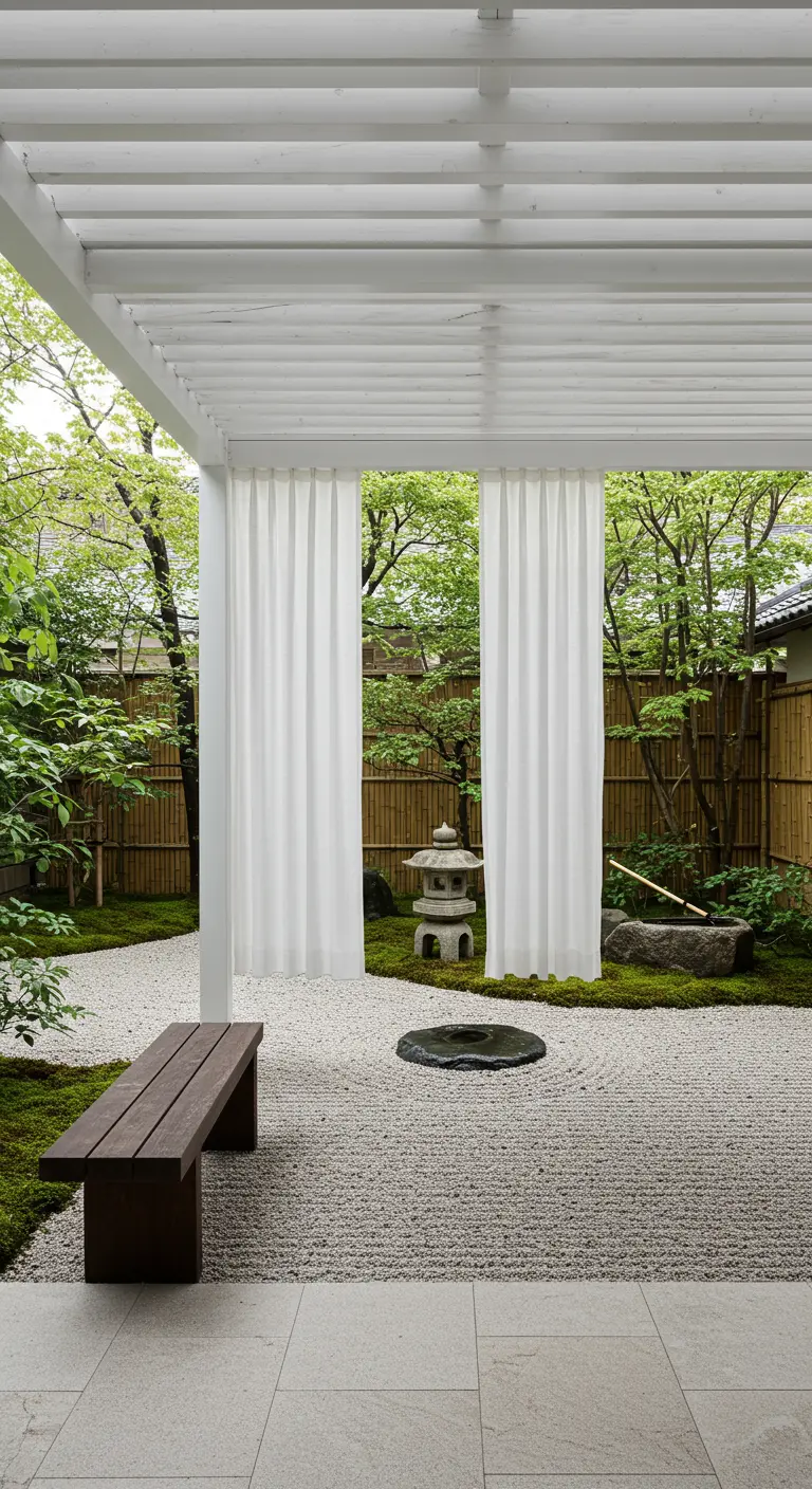 Patio de estilo zen con pérgola blanca, banco de madera y jardín de grava rastrillada.