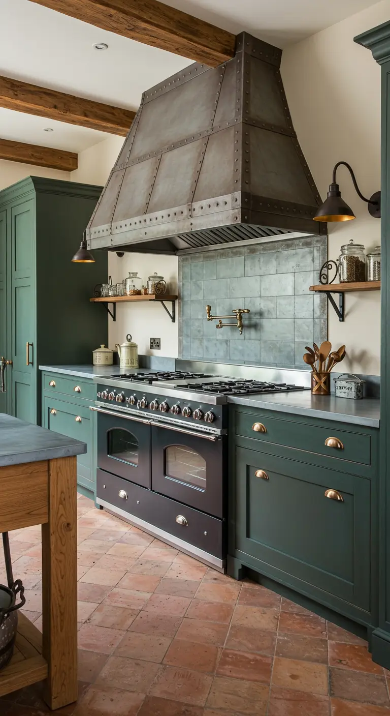 Cocina con gabinetes verde oscuro y una gran campana extractora de metal con remaches de estilo industrial.