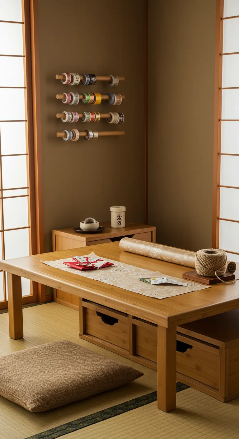 Espacio de envoltura de inspiración japonesa con mesa baja de madera y cojín en el suelo.