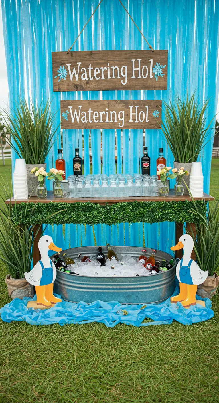 Estación de bebidas al aire libre con un cubo de metal para el hielo y dos patos de cartón.