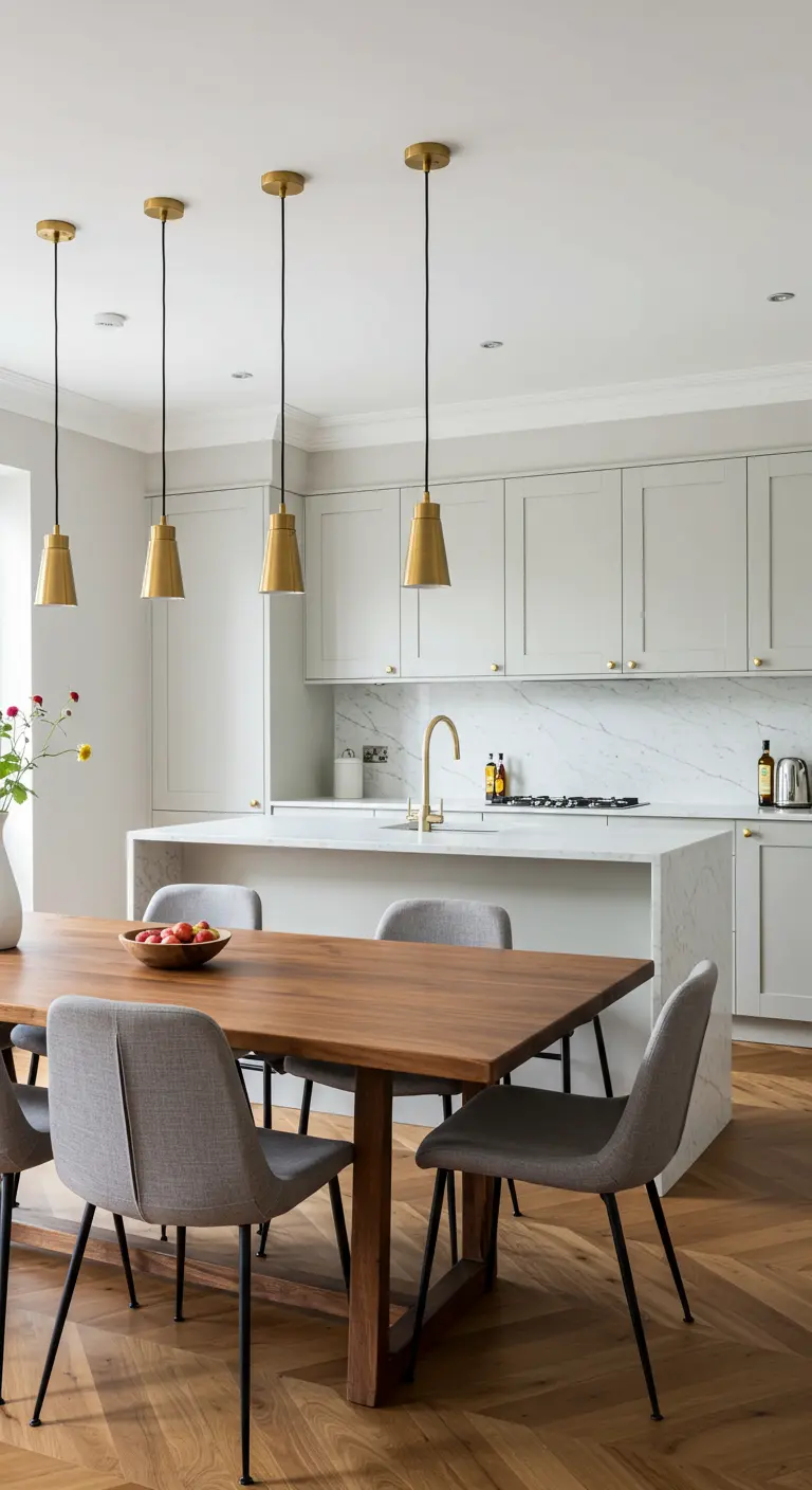 Comedor integrado en una cocina moderna con mesa de nogal y sillas de lino gris.