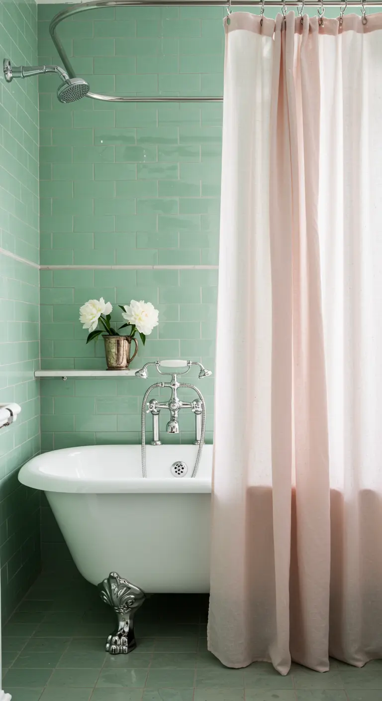 Baño con azulejos verde menta y cortina de lino bicolor en rosa y blanco.