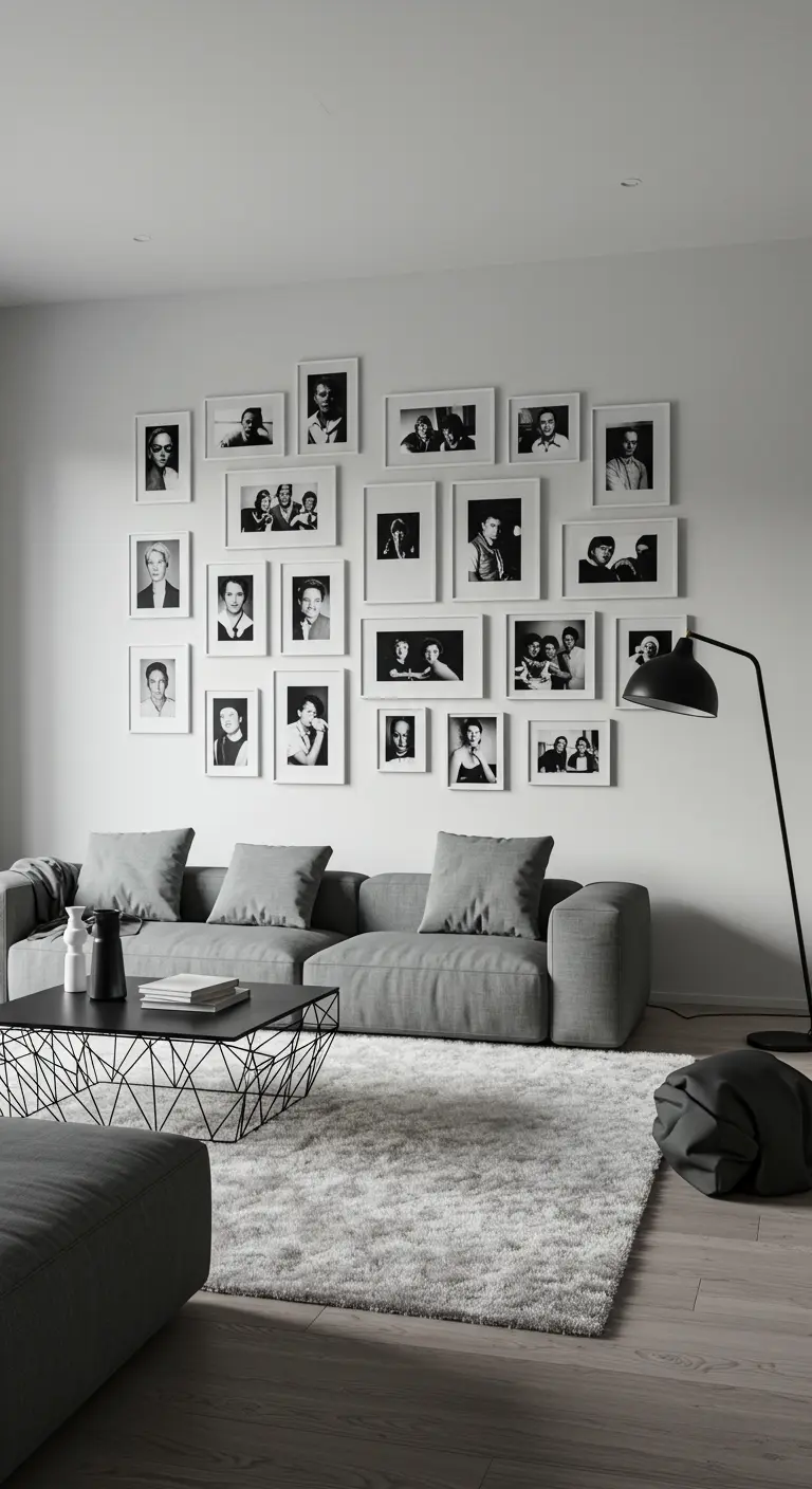Composición asimétrica de fotos en blanco y negro con marcos blancos sobre un sofá gris.
