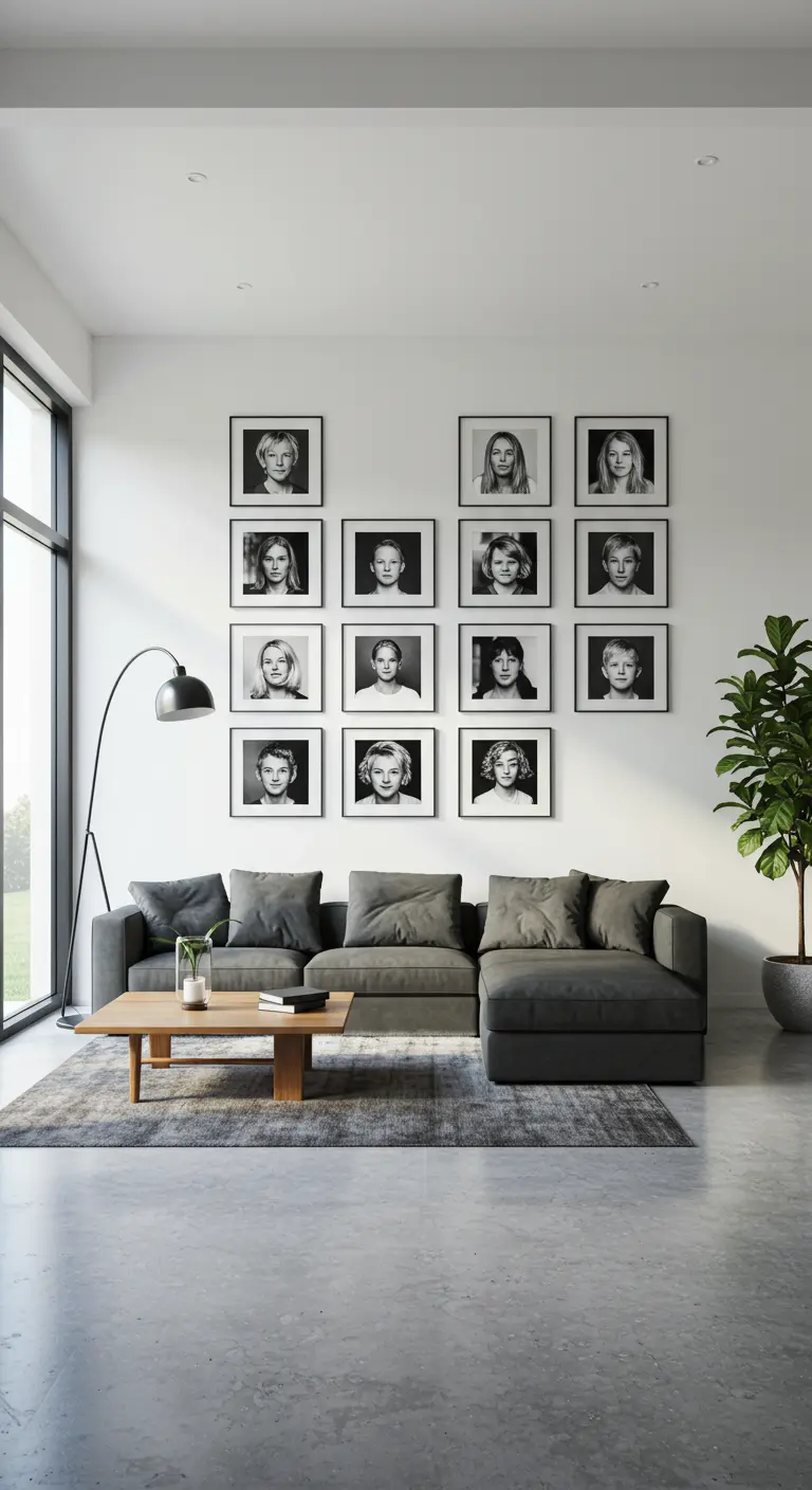 Galería de fotos familiares en una cuadrícula simétrica con marcos negros sobre un sofá gris.