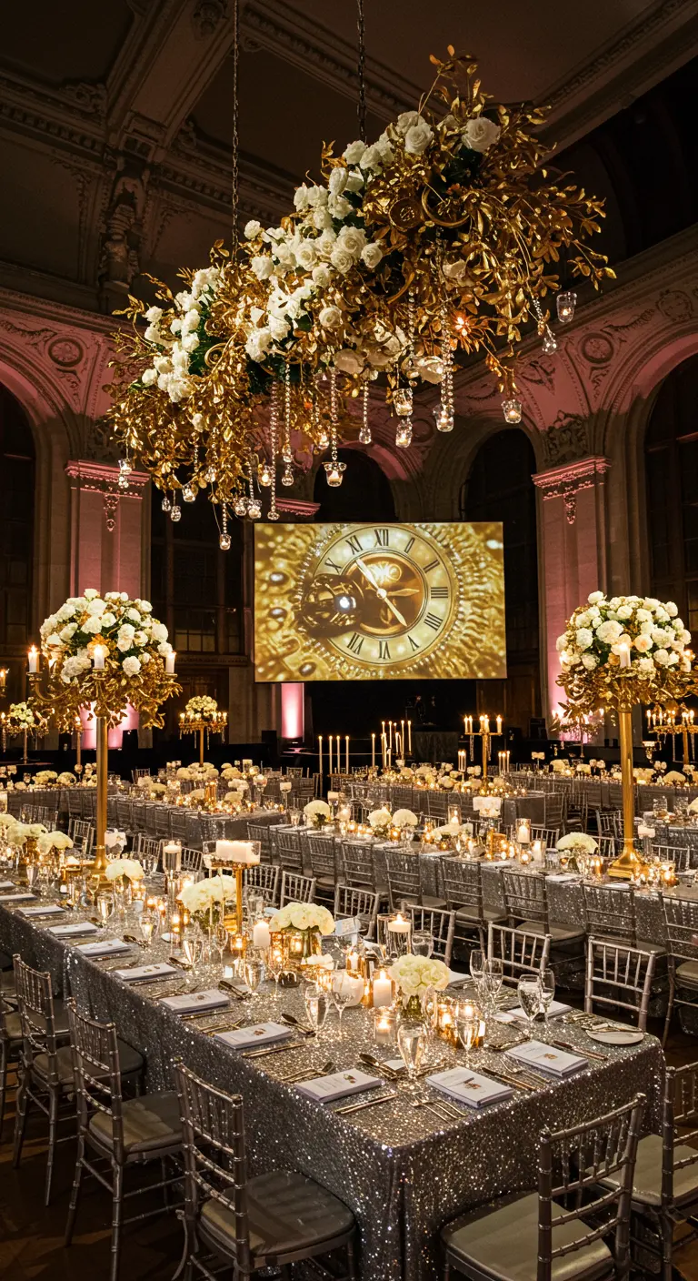 Salón de baile con un reloj proyectado, mesas de lentejuelas y arreglos florales dorados.