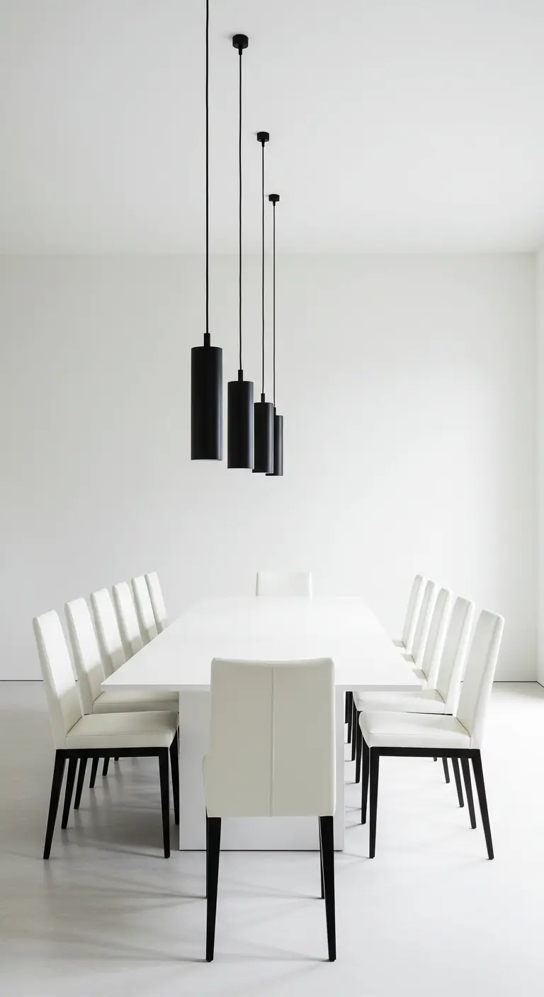 Comedor largo y minimalista con mesa blanca y una fila de lámparas colgantes negras cilíndricas.