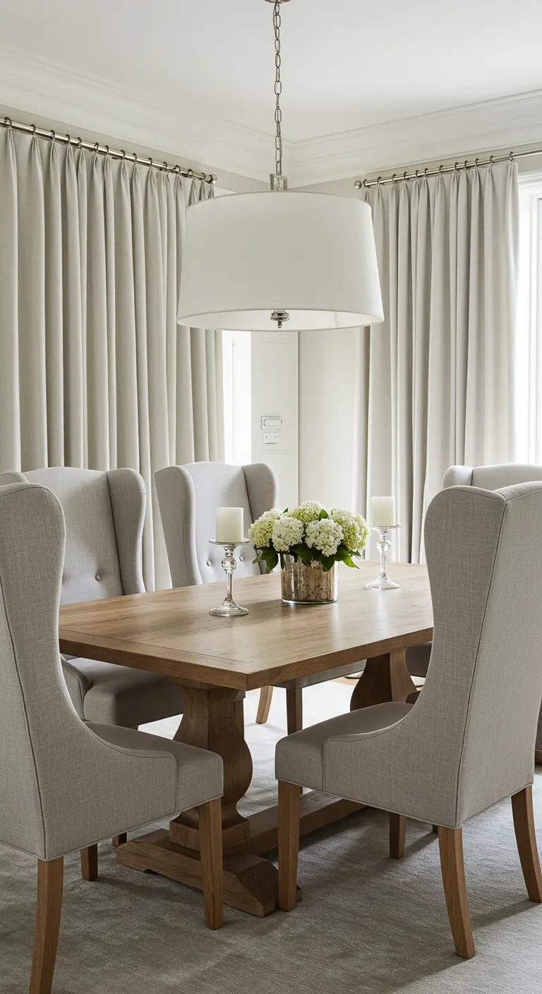 Comedor elegante con sillas de respaldo alto tapizadas en lino gris y cortinas a juego.