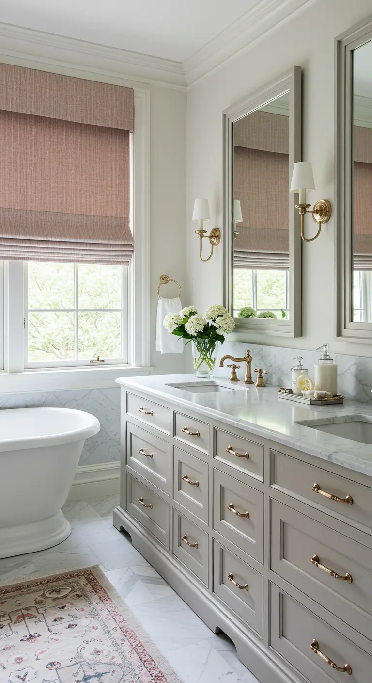 Baño elegante con estores romanos rosa, mueble gris y tiradores dorados.