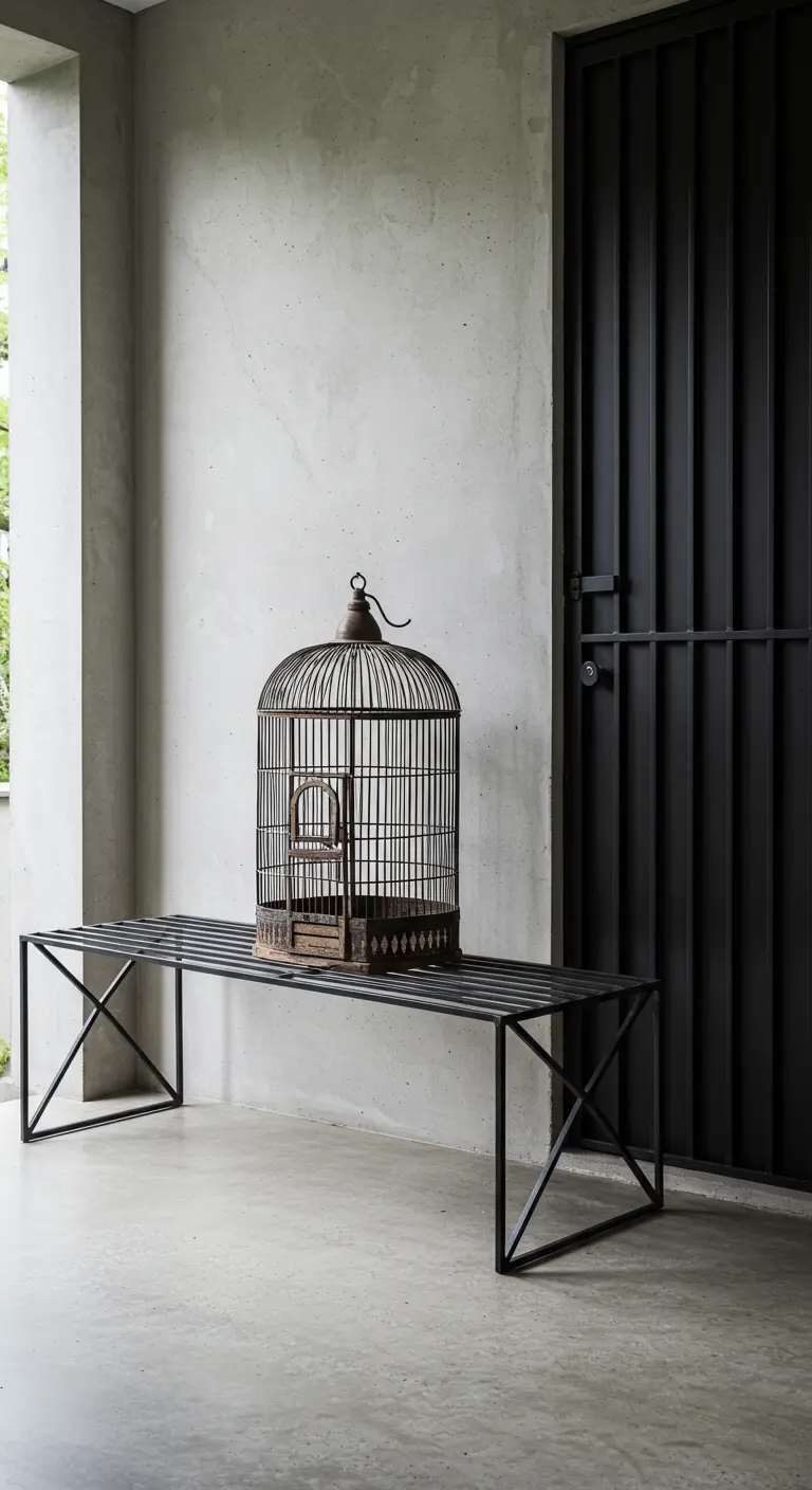 Jaula de pájaros de metal oscuro sobre un banco minimalista en una entrada de hormigón.