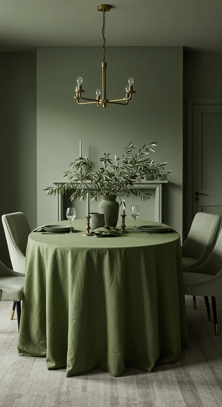 Comedor elegante en verde salvia con mantel de lino largo y lámpara dorada.