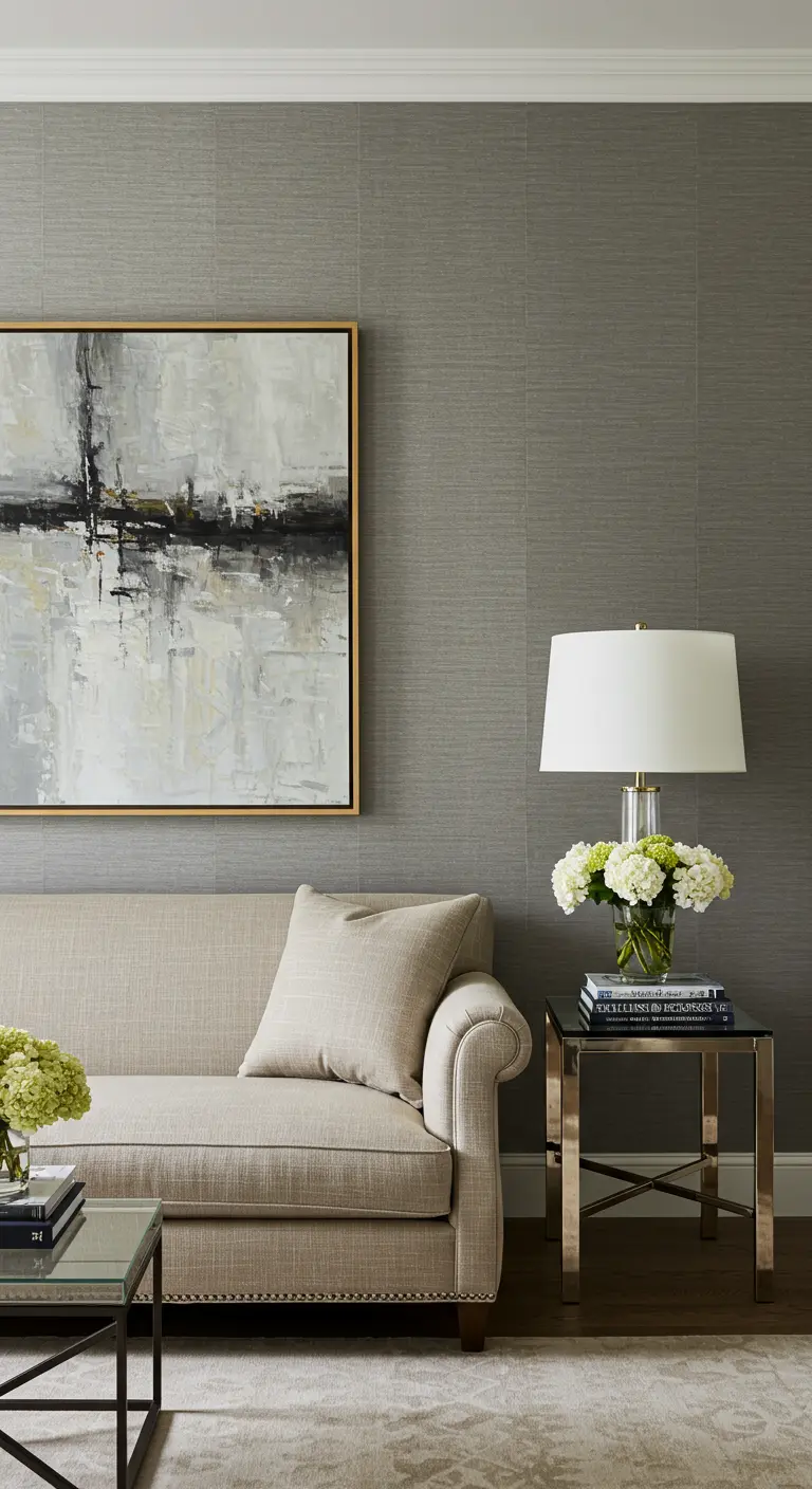 Sala de estar elegante con papel tapiz de grasscloth gris, un sofá beige y un cuadro abstracto.