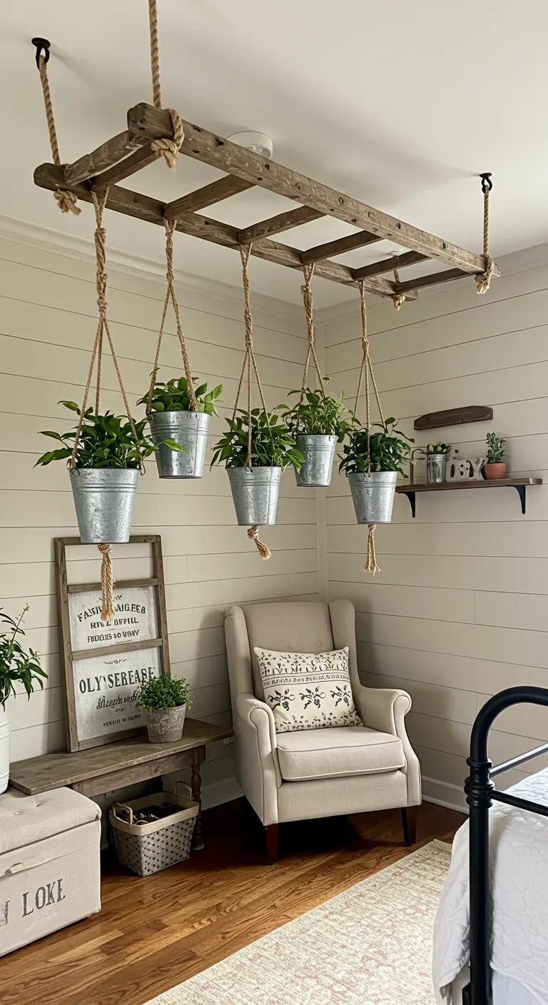 Una escalera de madera vieja cuelga horizontalmente del techo, con macetas de metal colgando de sus peldaños.