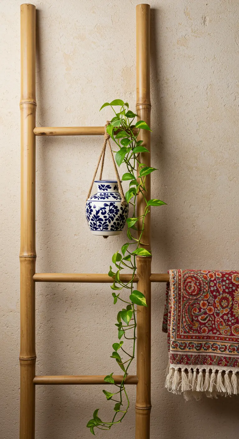 Jarrón de cerámica azul y blanco con una planta colgando de una escalera de bambú usada como toallero.