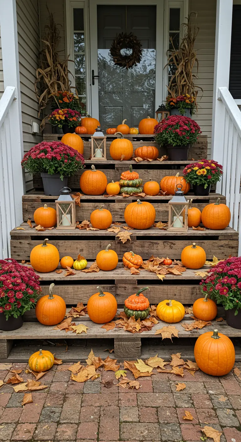 Escalones de entrada cubiertos con plataformas de palets, decorados con calabazas y crisantemos.