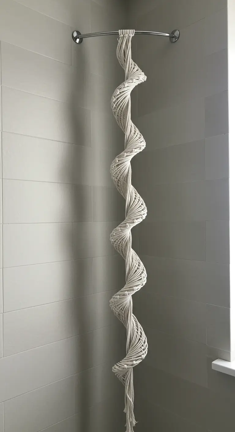 Larga espiral de macramé colgando de una barra de ducha en un baño de azulejos blancos.