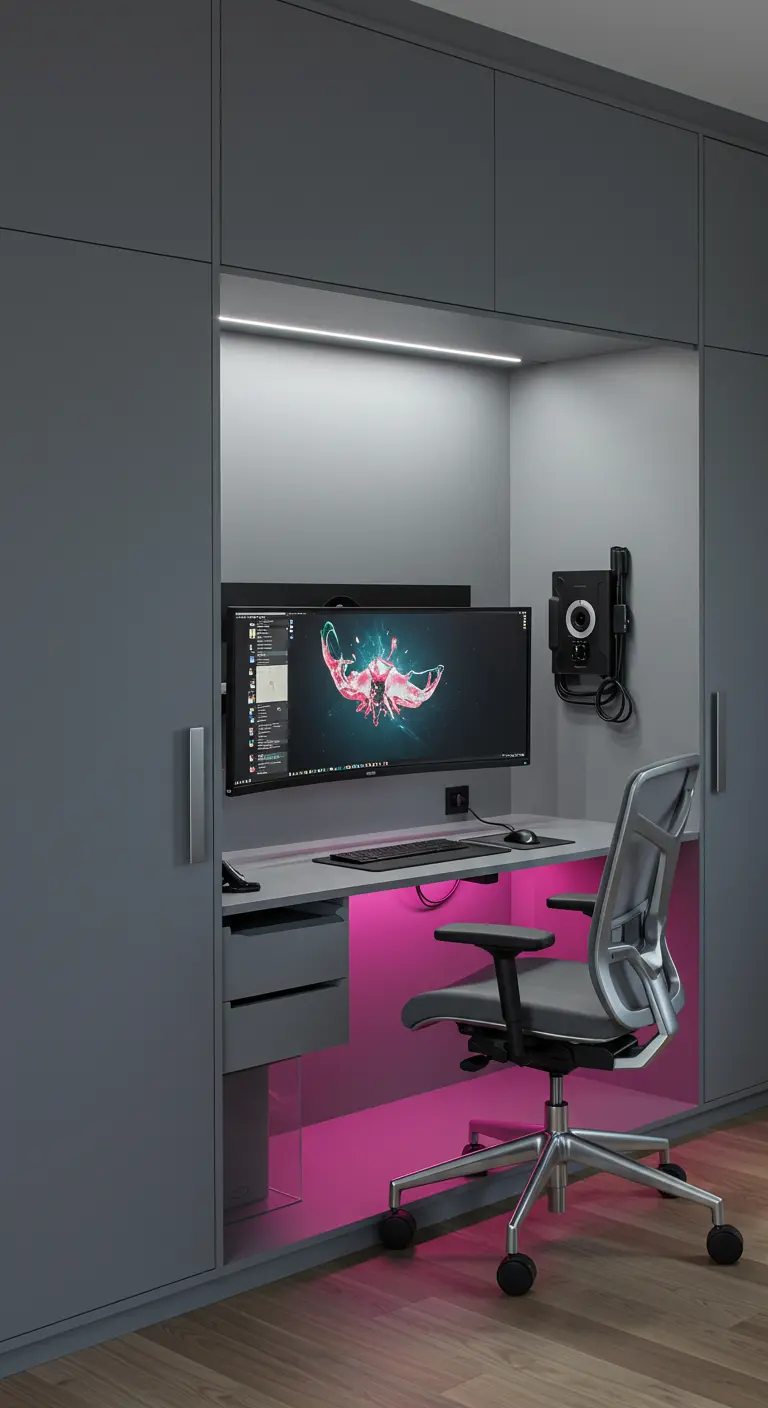 Oficina tecnológica en un armario gris con iluminación LED rosa y una silla ergonómica.