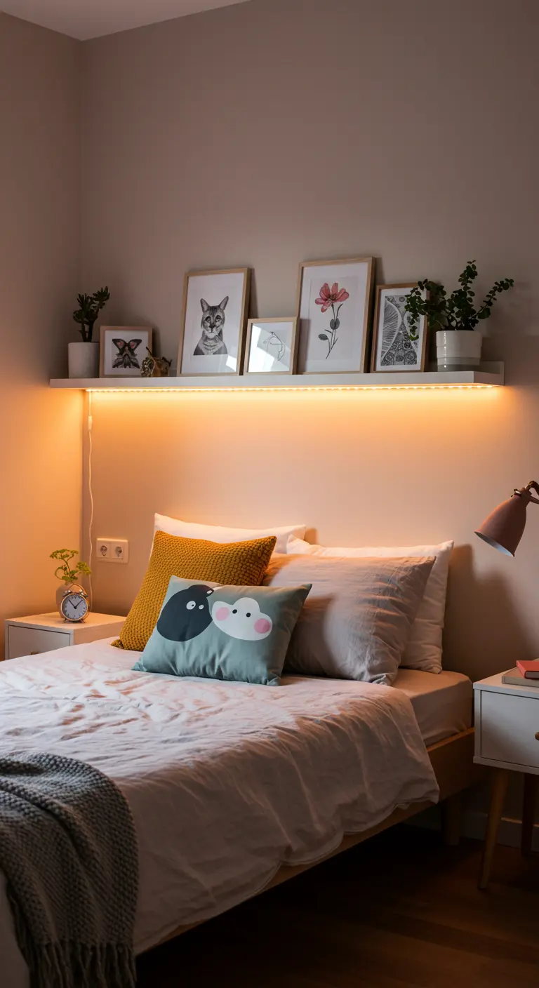 Estantería flotante sobre la cama con una tira de luz LED que ilumina marcos y plantas.