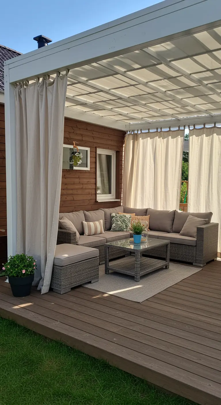 Terraza de madera con pérgola, un gran sofá esquinero gris y cortinas correderas.