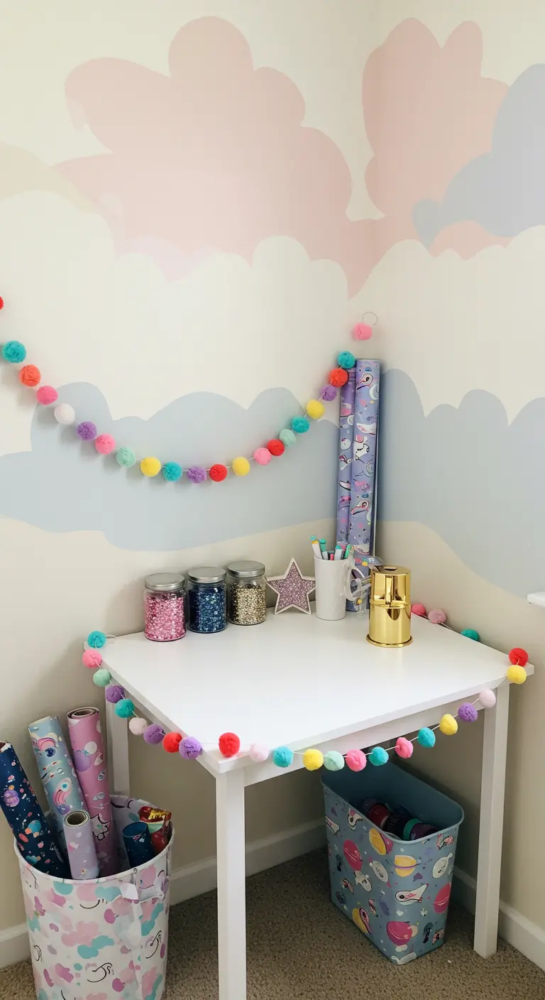 Rincón infantil con mesa blanca, guirnalda de pompones y mural de nubes en la pared.