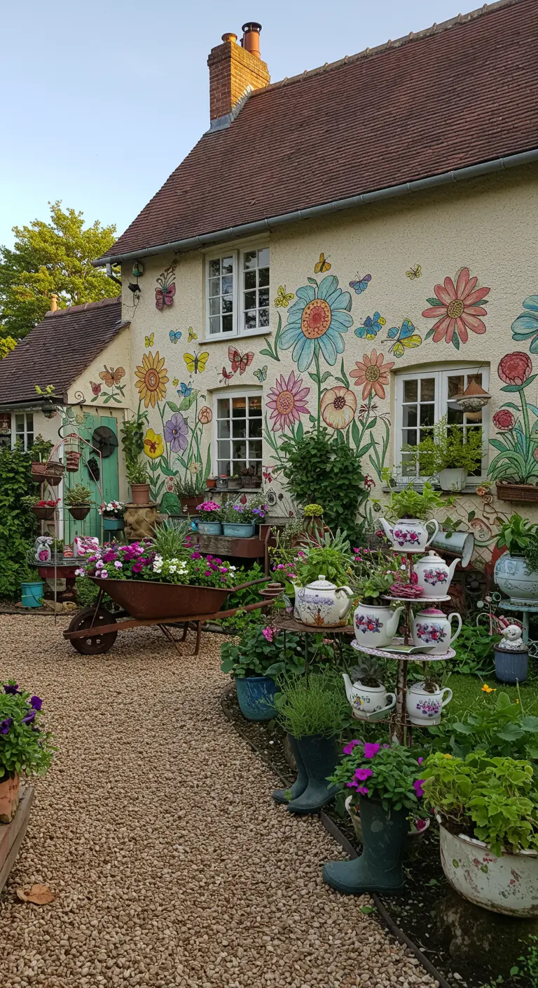Fachada de una casa de campo pintada con flores de colores y rodeada de plantas en macetas originales