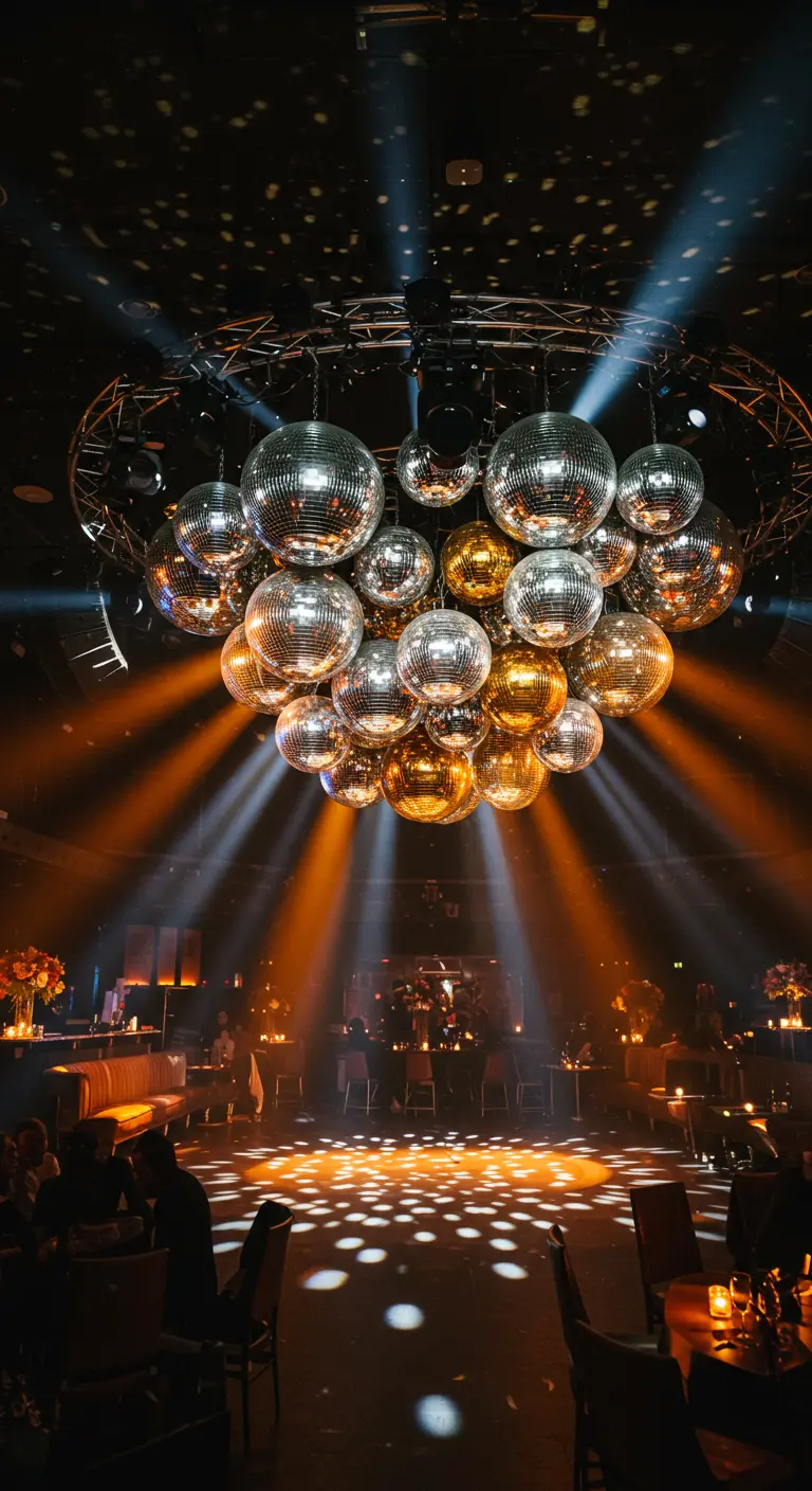Gran cúmulo de bolas de discoteca plateadas y doradas colgando sobre una pista de baile.